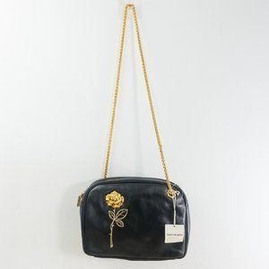 Vintage TAKEO NISHIDA Bag‎ Leather Crossbody Black Gold Chain Flower JAPAN